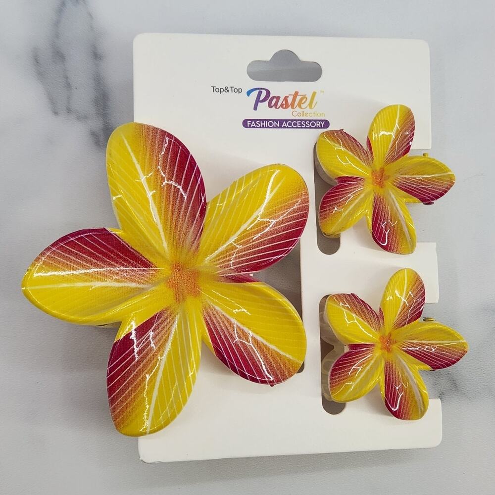 3 pc Hawaiian Flower Claw Clips Hair Accessories - Yellow and Maroon